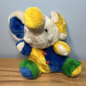 Rare Primary Color Block VTG KellyToy Elephant Clown Plush Trunk Up Circus